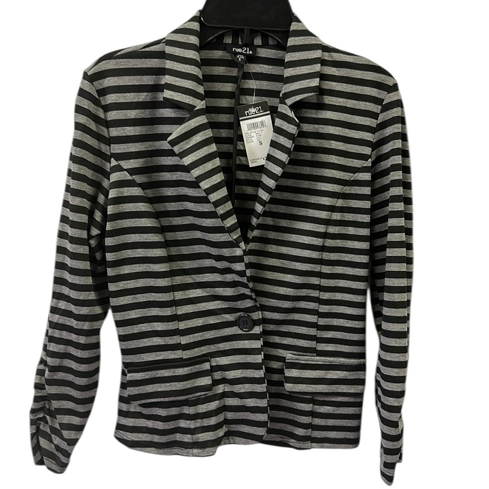 Rue 21 Black and Gray Striped 1 Button Ruched Sleeve Blazer Jacket Juniors S